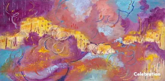 Abstract painting by Pat Wilson-Schmid title "Celebration"  Pink, Baby Blue, and Yellow background 