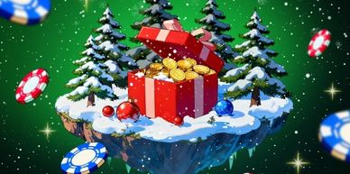 Floating snowy island with Christmas trees, gift box of gold coins, and poker chips in a festive scene.