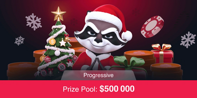 Raccoon in Santa hat with Christmas tree and prize pool of $500,000.