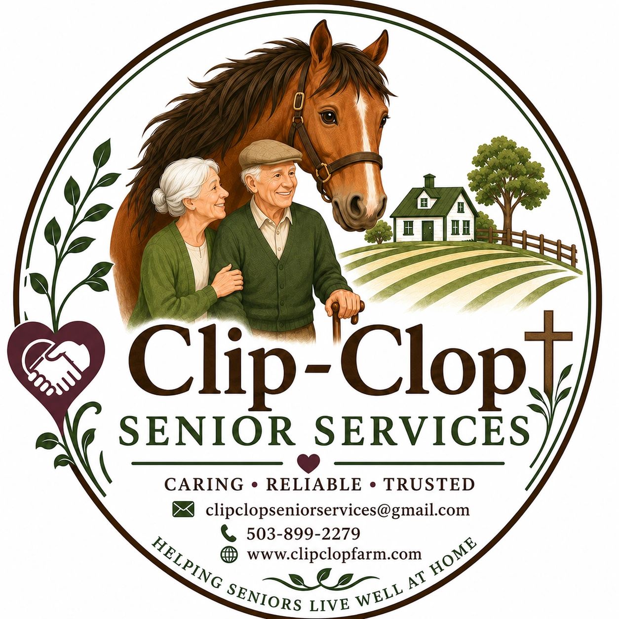 Logo of Clip-Clop Senior Services with an elderly couple, a horse, and a countryside house.