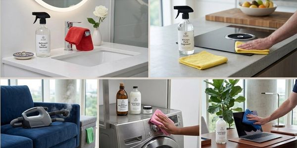 Cleaning spray bottles used in various home settings.