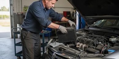 Mechanic replacing a car battery in a workshop.
