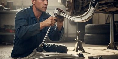 Mechanic repairing a car suspension in a workshop with tools scattered around.