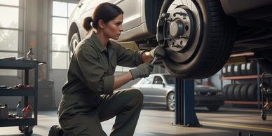 Female mechanic repairing a car wheel in a garage.