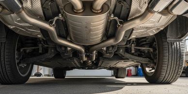 Underneath view of a car's exhaust system and rear tires.