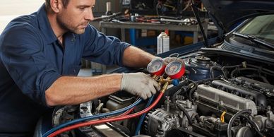 Mechanic checking car engine with diagnostic gauges in a workshop.