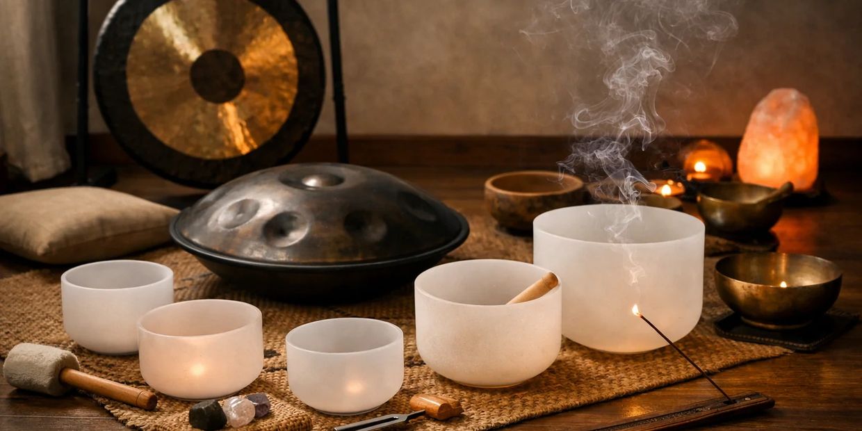 Sound healing instruments and incense for meditation.