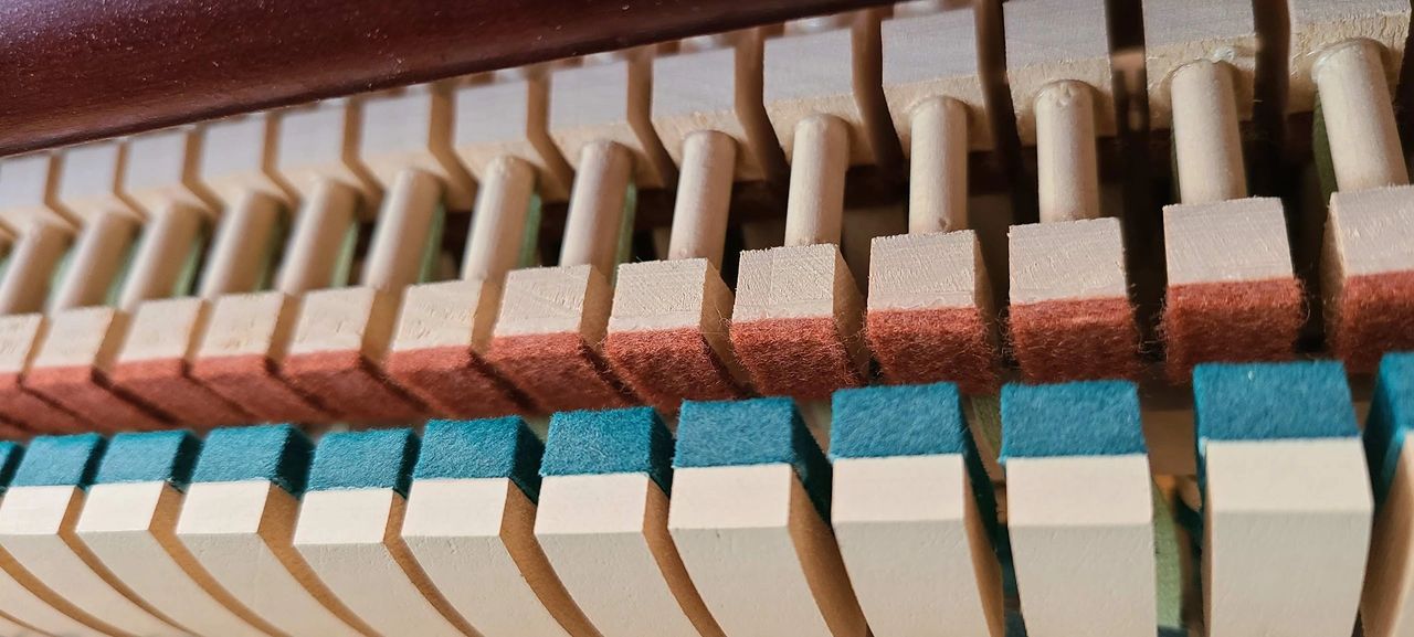 Hammer butts and backchecks inside a vertical piano action. 