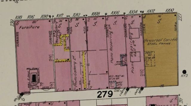 1006 Olive Street from a 1909 Sanborn Map Company illustration of St Louis. One of only 2 of the original buildings from Piano Row still intact. 