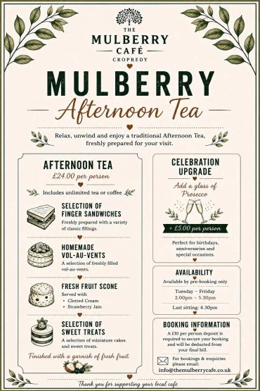 Mulberry Café afternoon tea menu with food and celebration options.