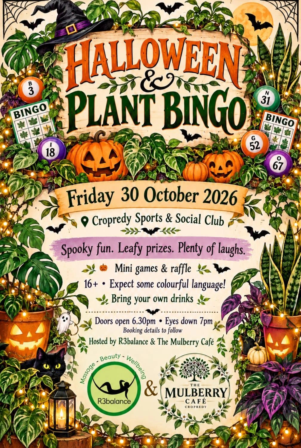 Halloween Plant Bingo event flyer with pumpkins and bats.