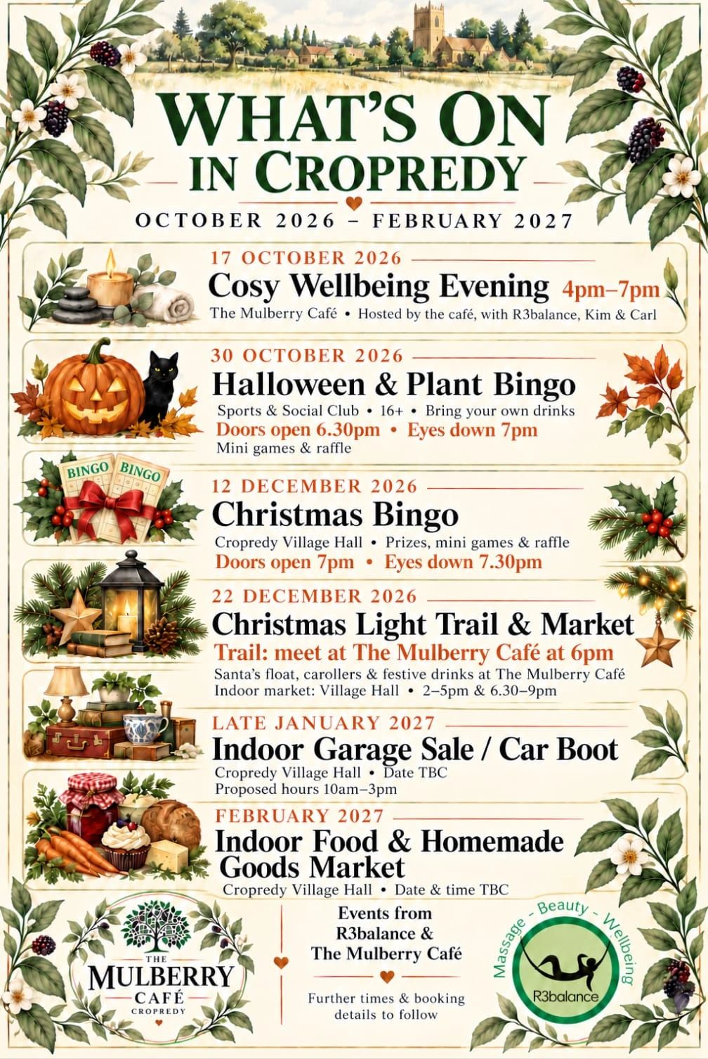 Upcoming events in Cropredy from October 2026 to February 2027.