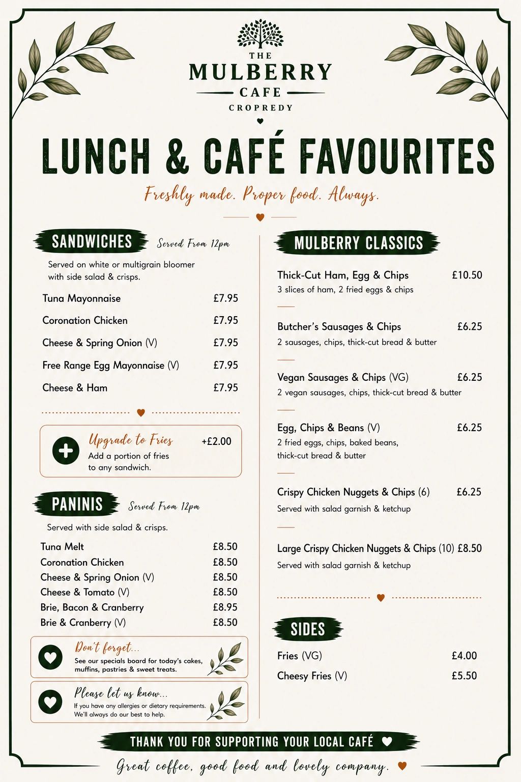 Menu showing sandwiches, paninis, Mulberry classics, and sides at The Mulberry Cafe.
