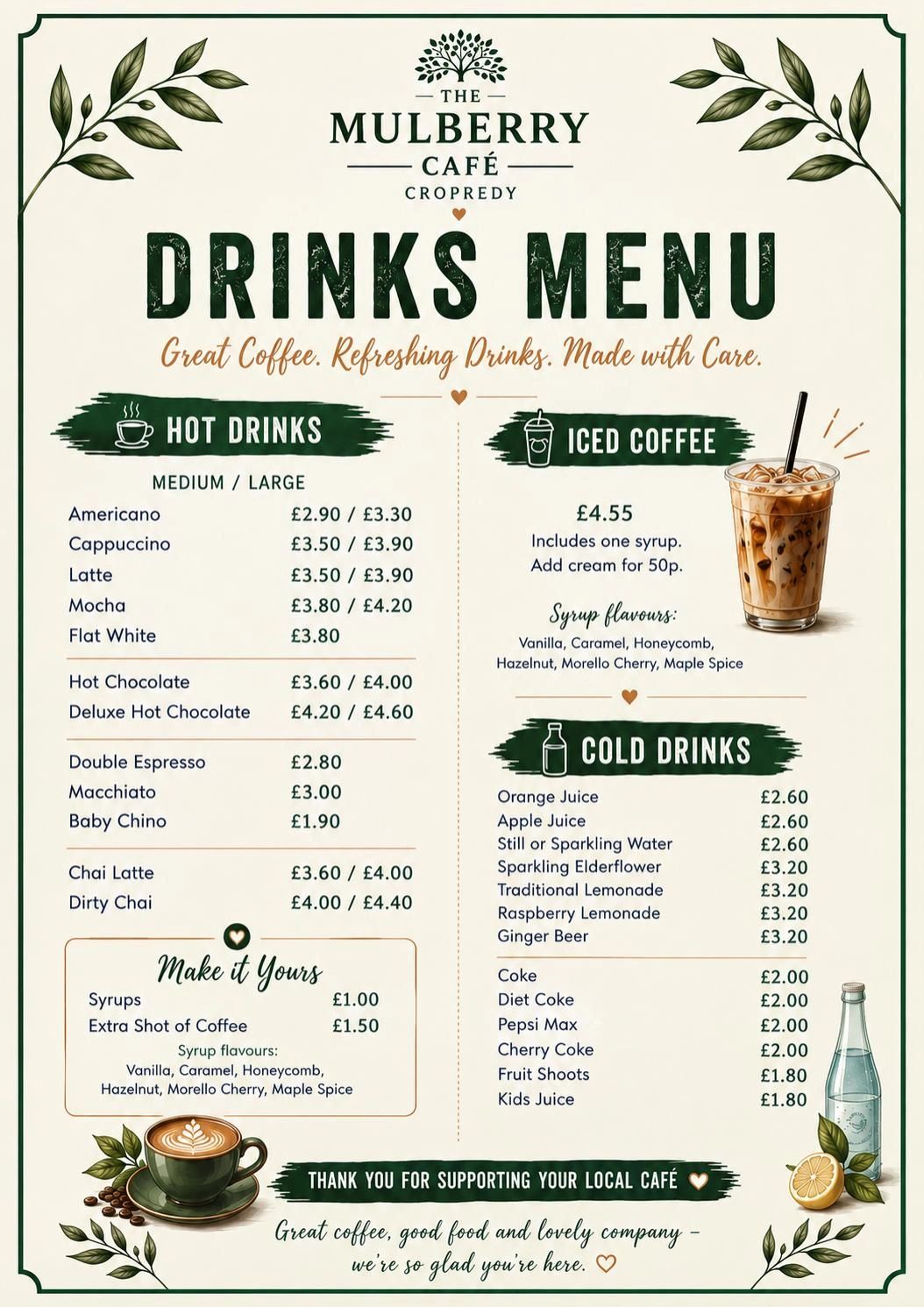 The Mulberry Café drinks menu with hot, iced, and cold drinks.