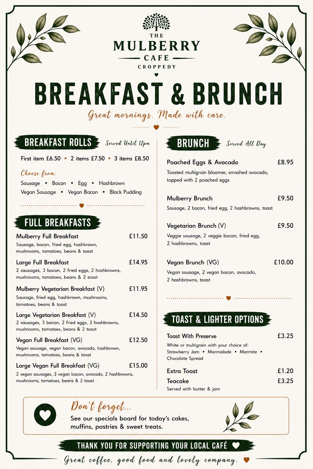 Menu for breakfast and brunch at The Mulberry Cafe with various options.