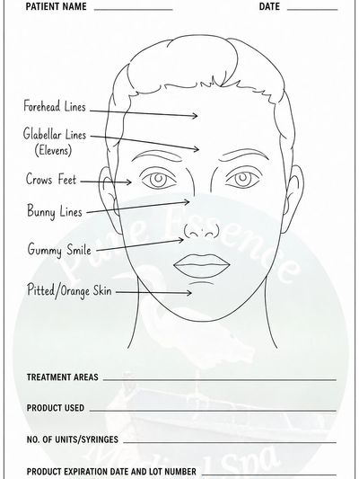 Botox injection locations on the face.
Pure Essence Medical Spa Injection Record Form