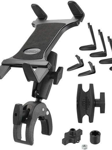 Black adjustable phone mount with clamp and various attachments.