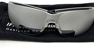 Futuristic silver sunglasses with a black pouch.