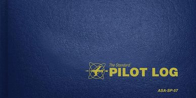 Blue cover of a pilot log book with gold text.