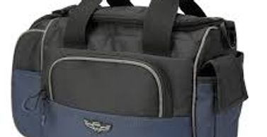Black and blue travel bag with handles and front pocket.