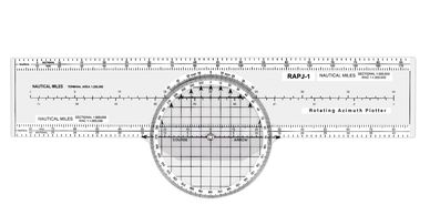 Rotating azimuth plotter for nautical navigation.