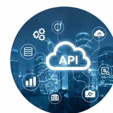 Ilustración de nube API interactuando con diferentes íconos tecnológicos.