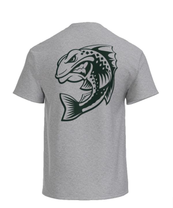 Gray t-shirt with a bold, stylized fish graphic on the back.