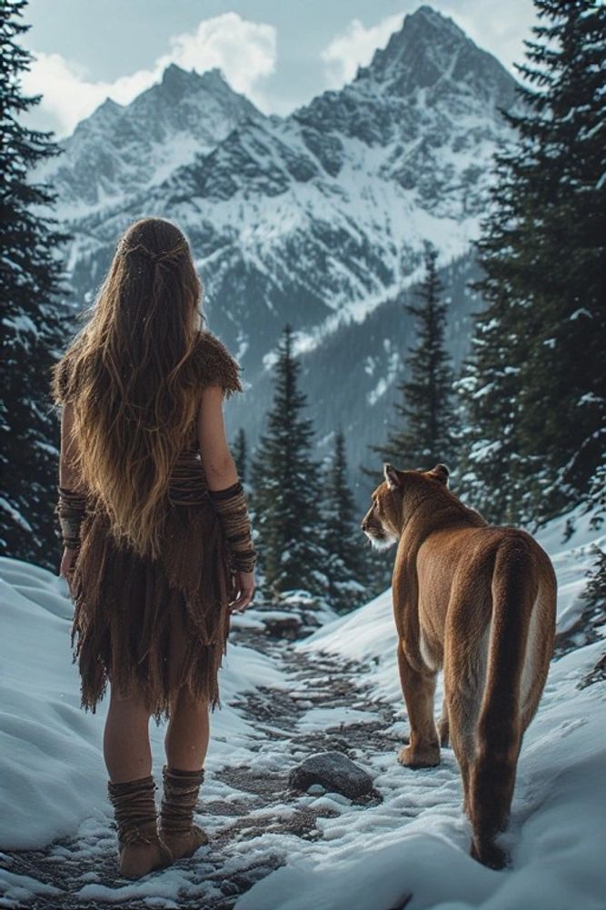 AI created image of a girl walking towards a snowy mountain top, a large puma walks beside her.