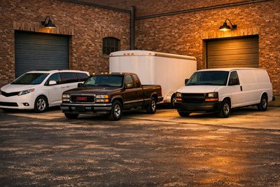 Three vehicles parked outside a brick building at sunset.