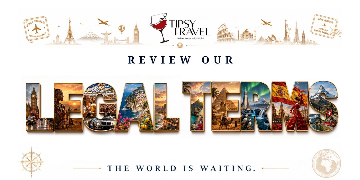 Travel-themed graphic encouraging reviews of legal terms with global landmarks.