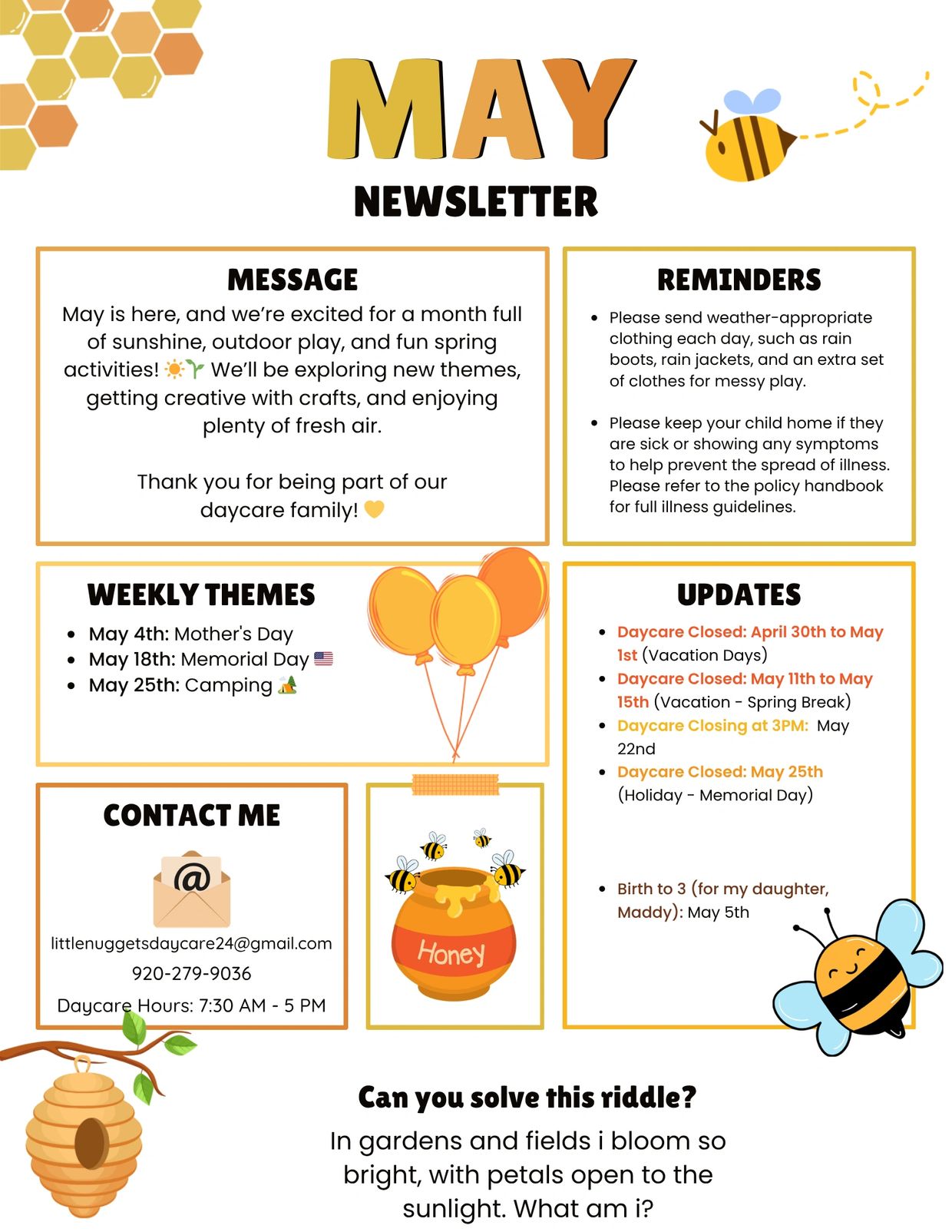 May daycare newsletter with updates, themes, reminders, and a riddle.