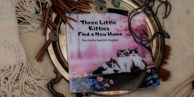 Children's book titled 'Three Little Kitties Find a New Home' with illustrations of three cats.