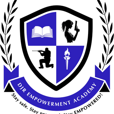 Shield logo with book, armed figures, and torch for DJR Empowerment Academy.