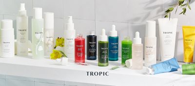 Tropic Skincare products lined up on a shelf
