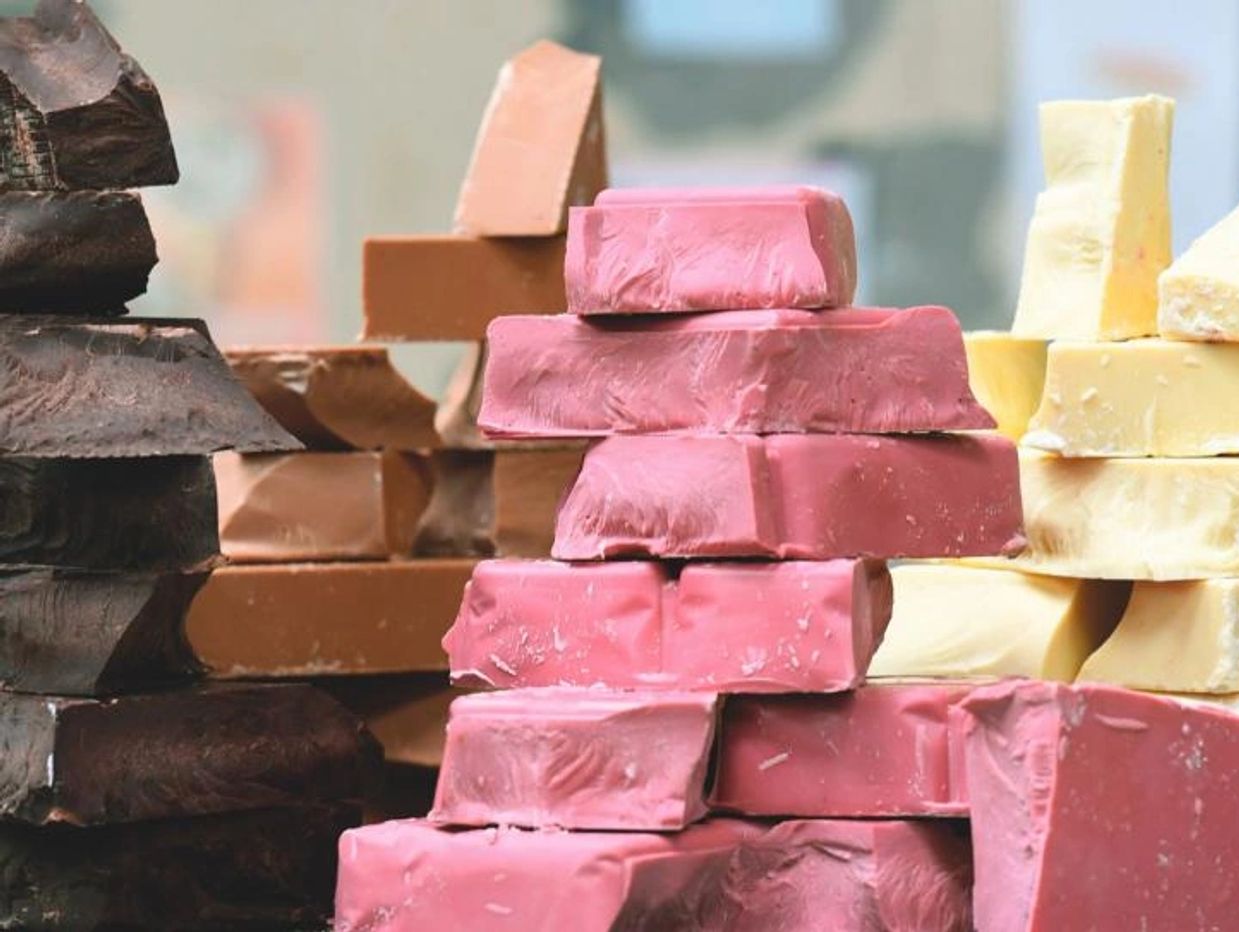 Raw cuts of dark chocolate, milk chocolate, Ruby chocolate, and white chocolate 