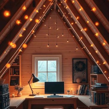 Cozy attic workspace illuminated with warm string lights and soft lanterns.