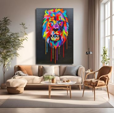 Modern living room with colorful lion painting above beige sofa.