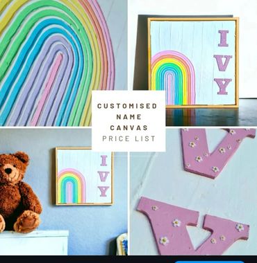Customised name canvas with pastel rainbow and pink letters, perfect for nursery decor.