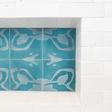 handmade tile for decorative shower niche, expert craftsmanship with mitered corners