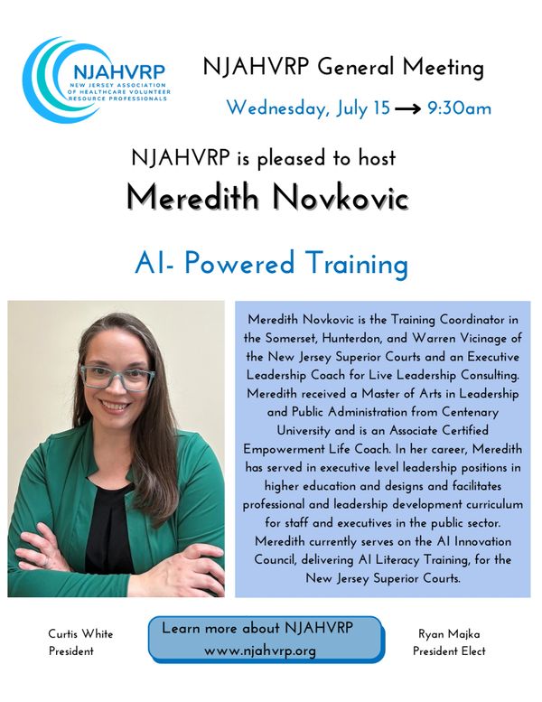Flyer for NJAHVRP's AI-Powered Training by Meredith Novkovic on July 15 at 9:30 am.