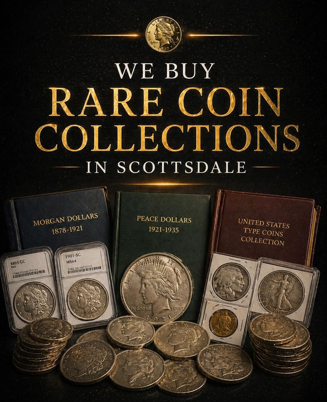 Advertisement for buying rare coin collections in Scottsdale with vintage coins and albums.