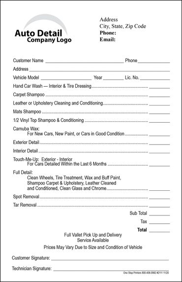 Auto Detailing Service Order available in duplicate and triplicate sets.