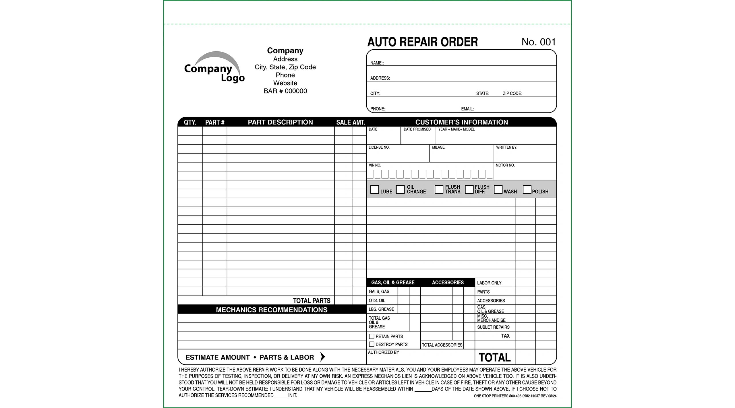 Automotive Repair Invoice Auto Repair Order Invoice Booked 1037 