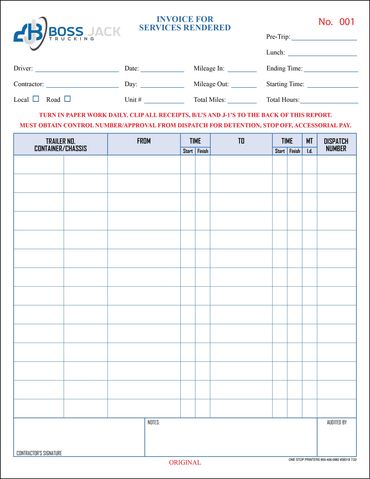 Custom Daily Pay Sheet printed for Boss Jack Trucking. Artwork is free with your order.