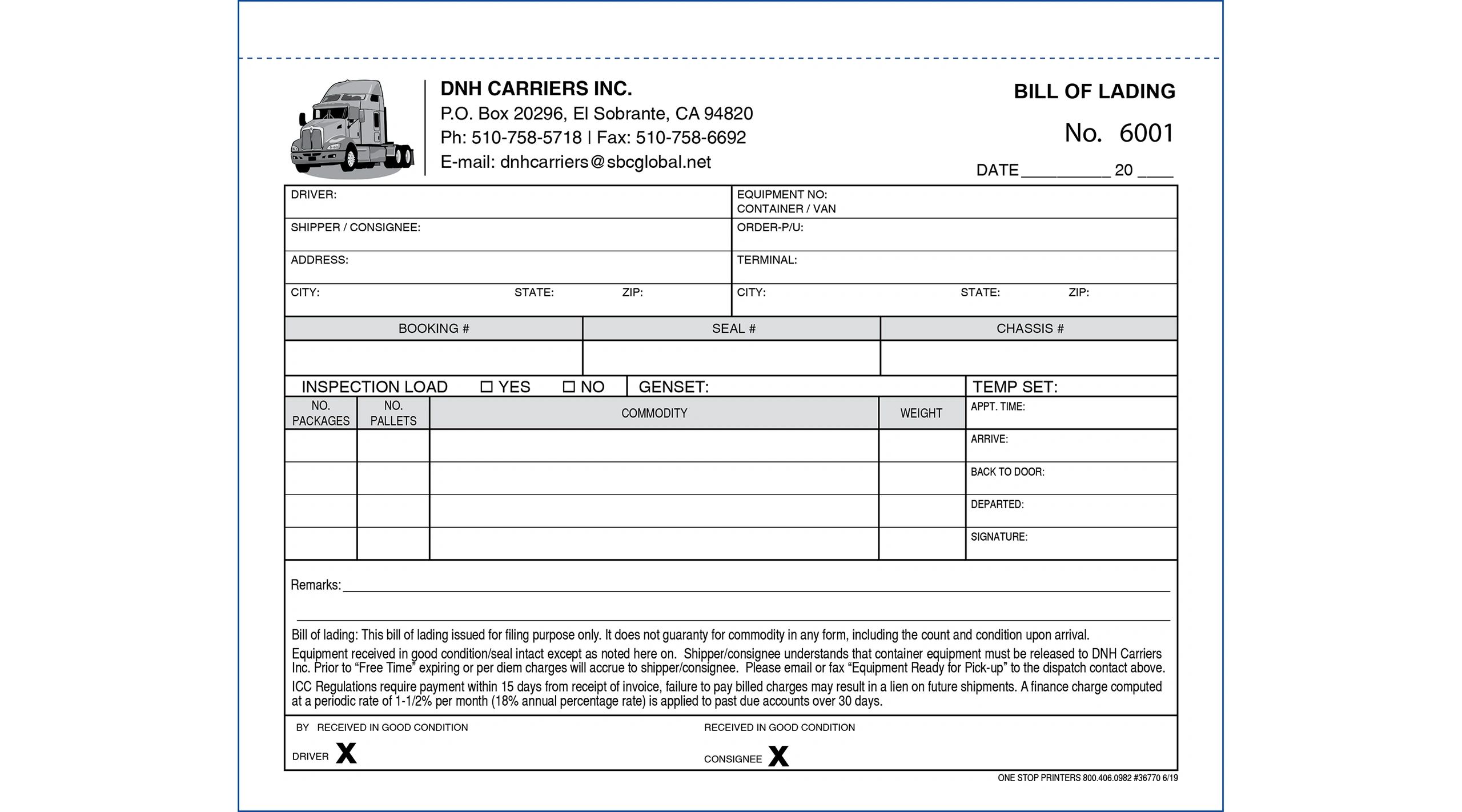 Truck Driver’s Bill of Lading with Detention Disclaimer