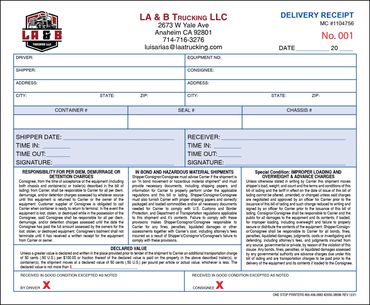 LA & B Trucking LLC's Delivery Receipt. Free color printing upgrade when color logo supplied.