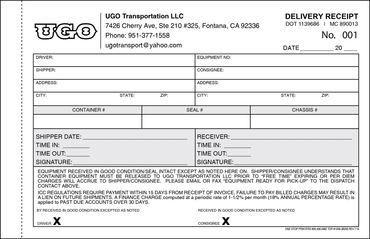Trucking Container Delivery Receipt #1059 available in duplicate and triplicate sets and booking.