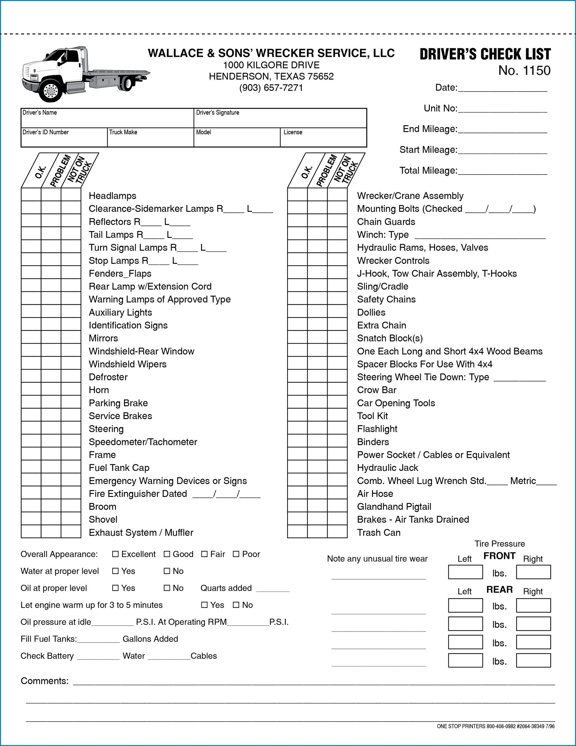 Wallace Sons Tow Truck Drivers Checklist 2064 