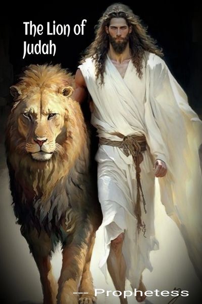 A man in white robes walking confidently beside a majestic lion, titled 'The Lion of Judah'.