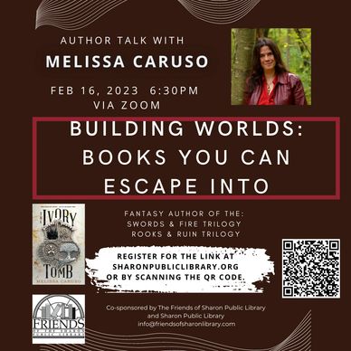 Flyer with Melissa Caruso Author talk information: Building Words: Books You can Escape Into